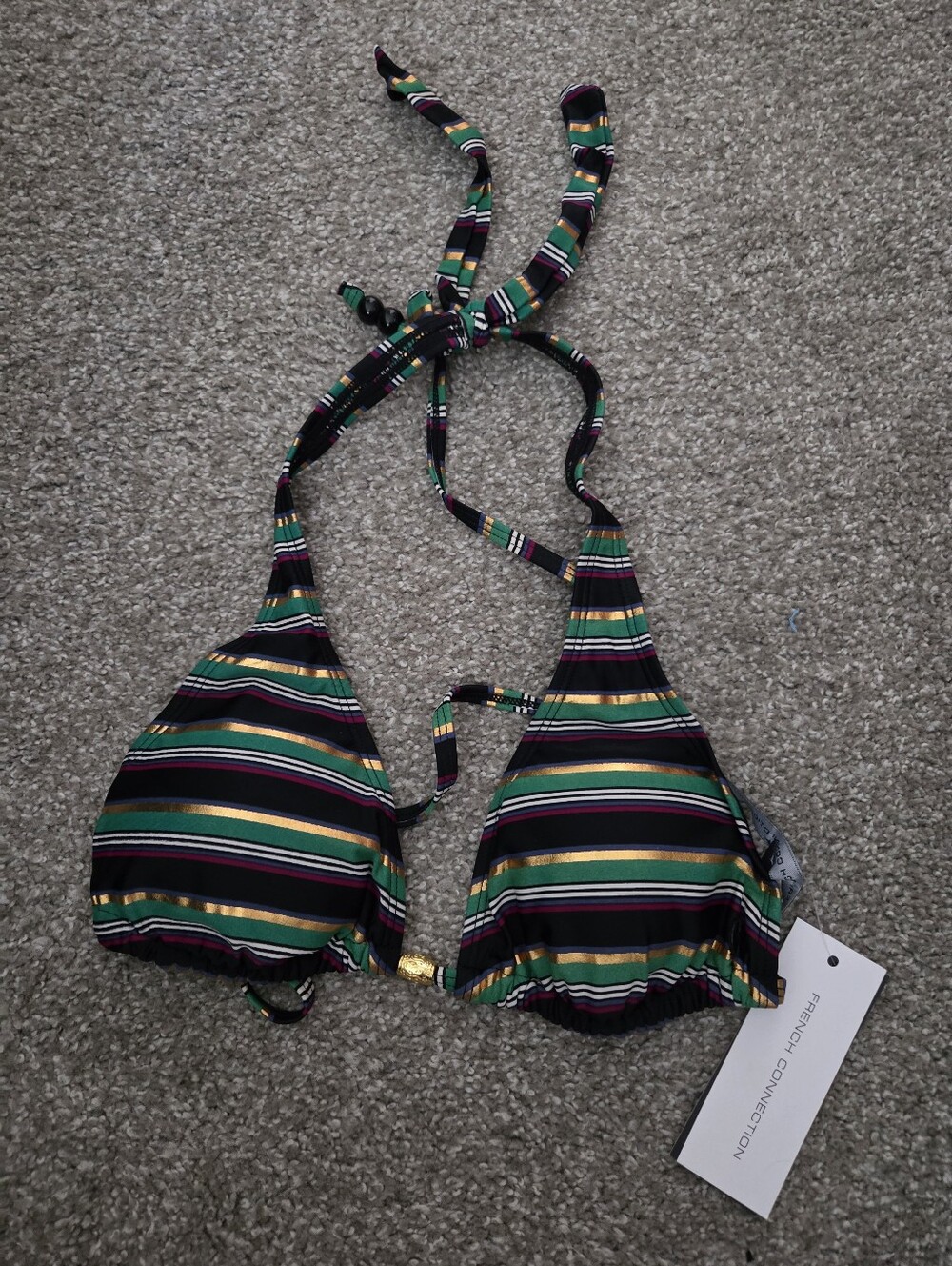 NWT French Connection Dolly Stripe Multicolor Halter Bikini Top Gold Detail M